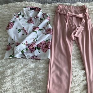2 Piece Matching Floral Blouse & Dress Pants